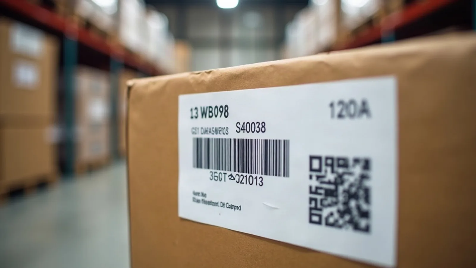 A white shipping label printed with a GS1 DataMatrix code on a cardboard carton