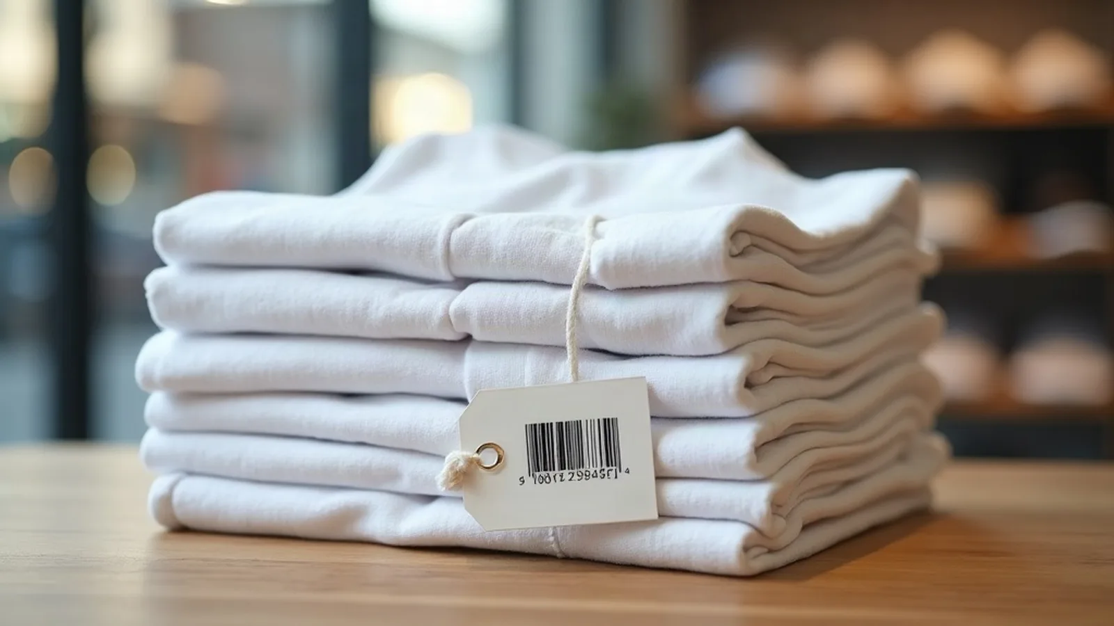 Folded white t-shirts with a printed hang tag barcode on a retail table