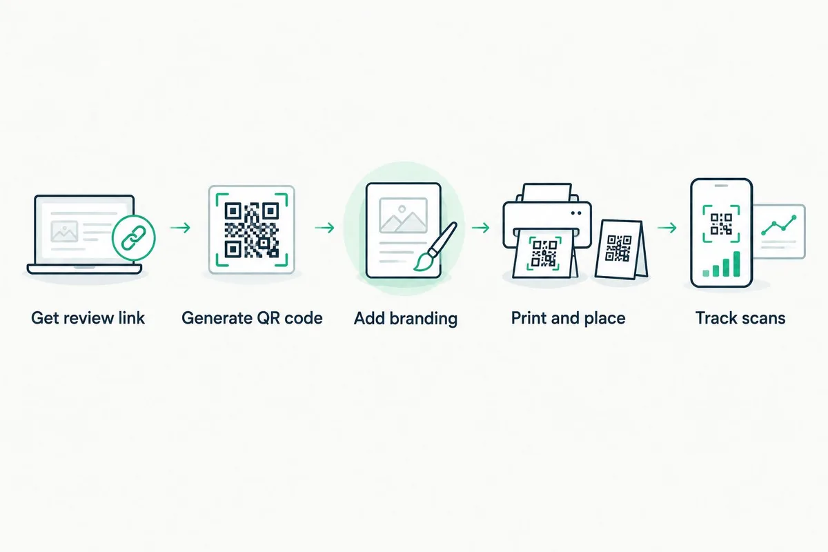 Five-step flow from Google review link to a tracked printed QR code