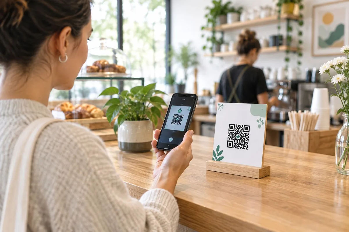 Customer scanning a printed QR code on a cafe table card