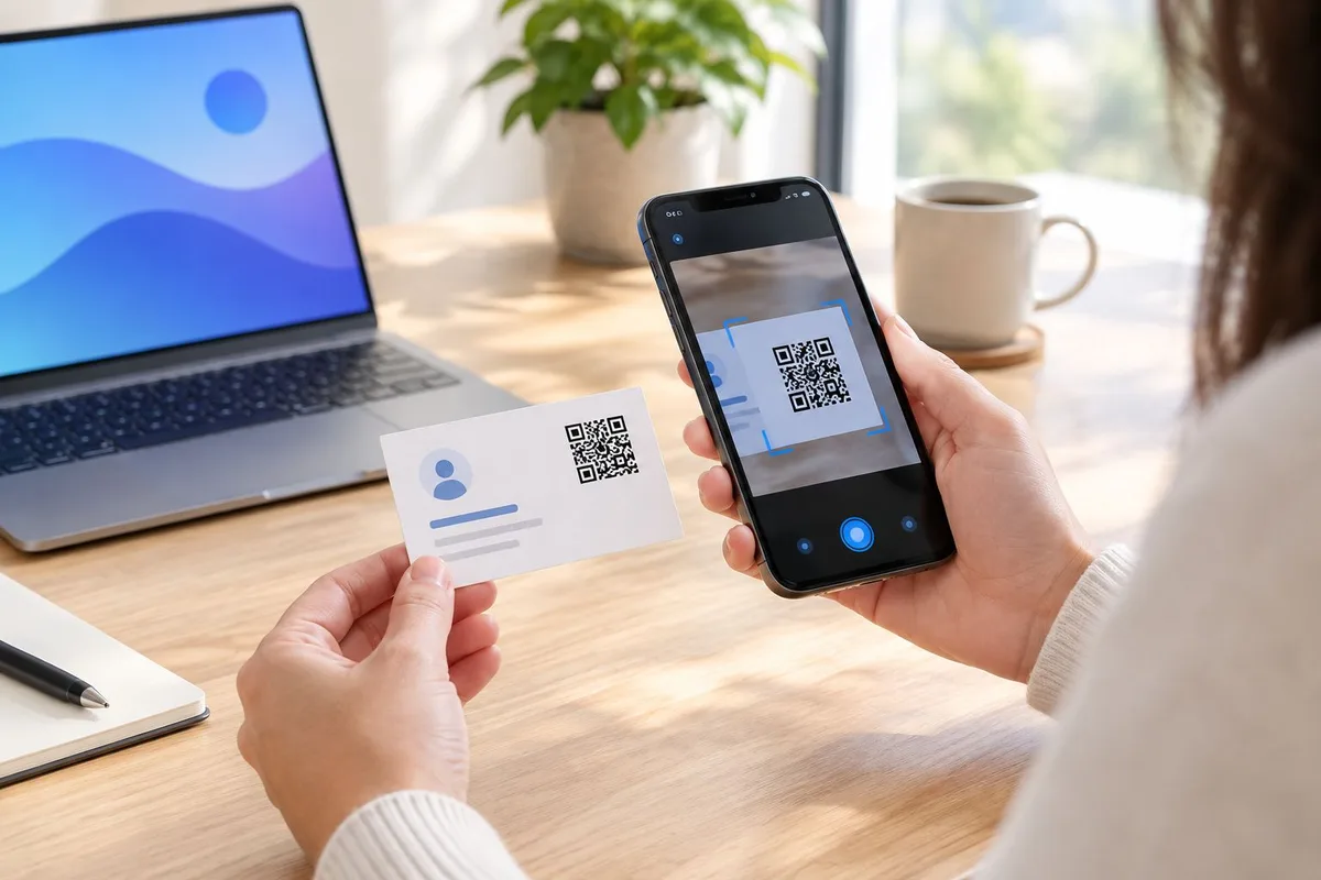 Smartphone scanning a QR code printed on a business card