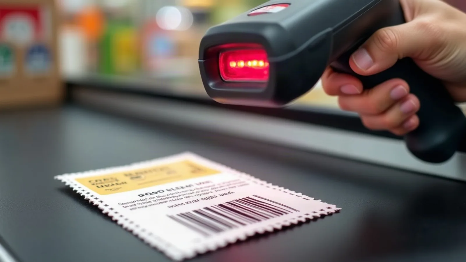A printed paper coupon with a barcode being scanned at a supermarket checkout
