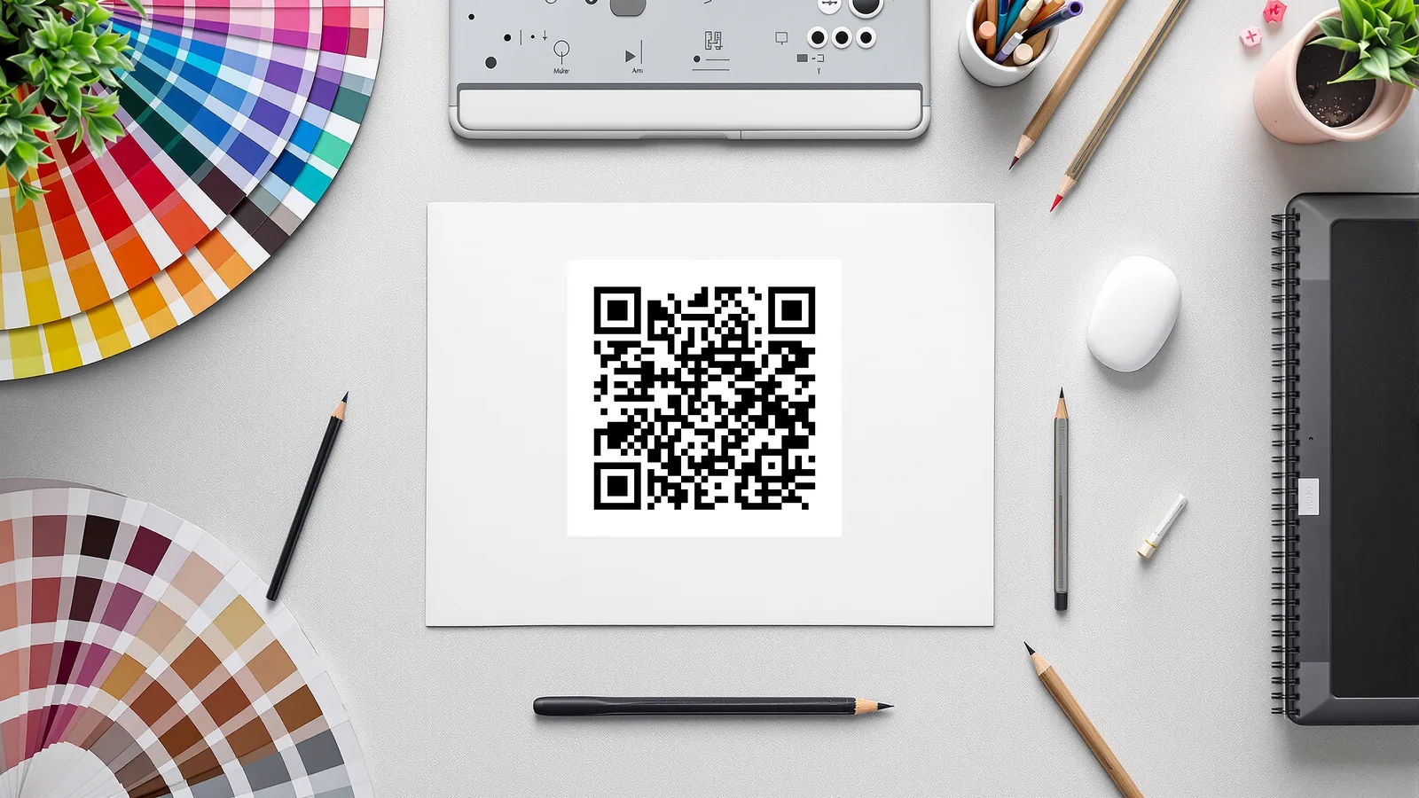 Custom shape QR codes — a designed QR code on a designer's desk with color swatches