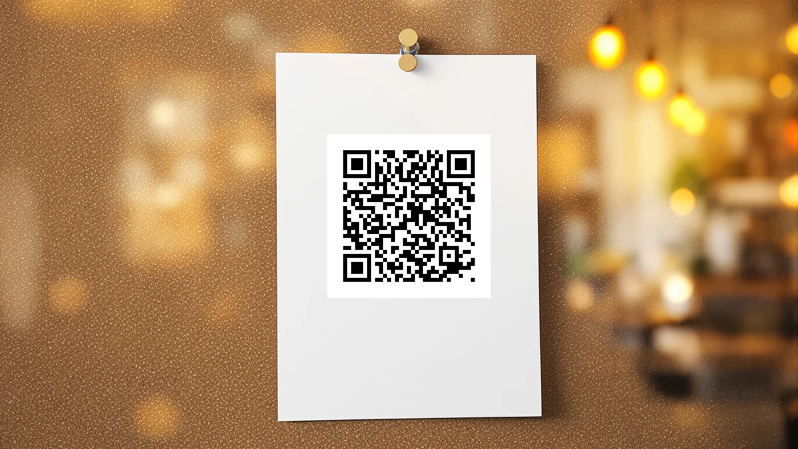 A printed QR code pinned to a board — a free static QR code that doesn't expire
