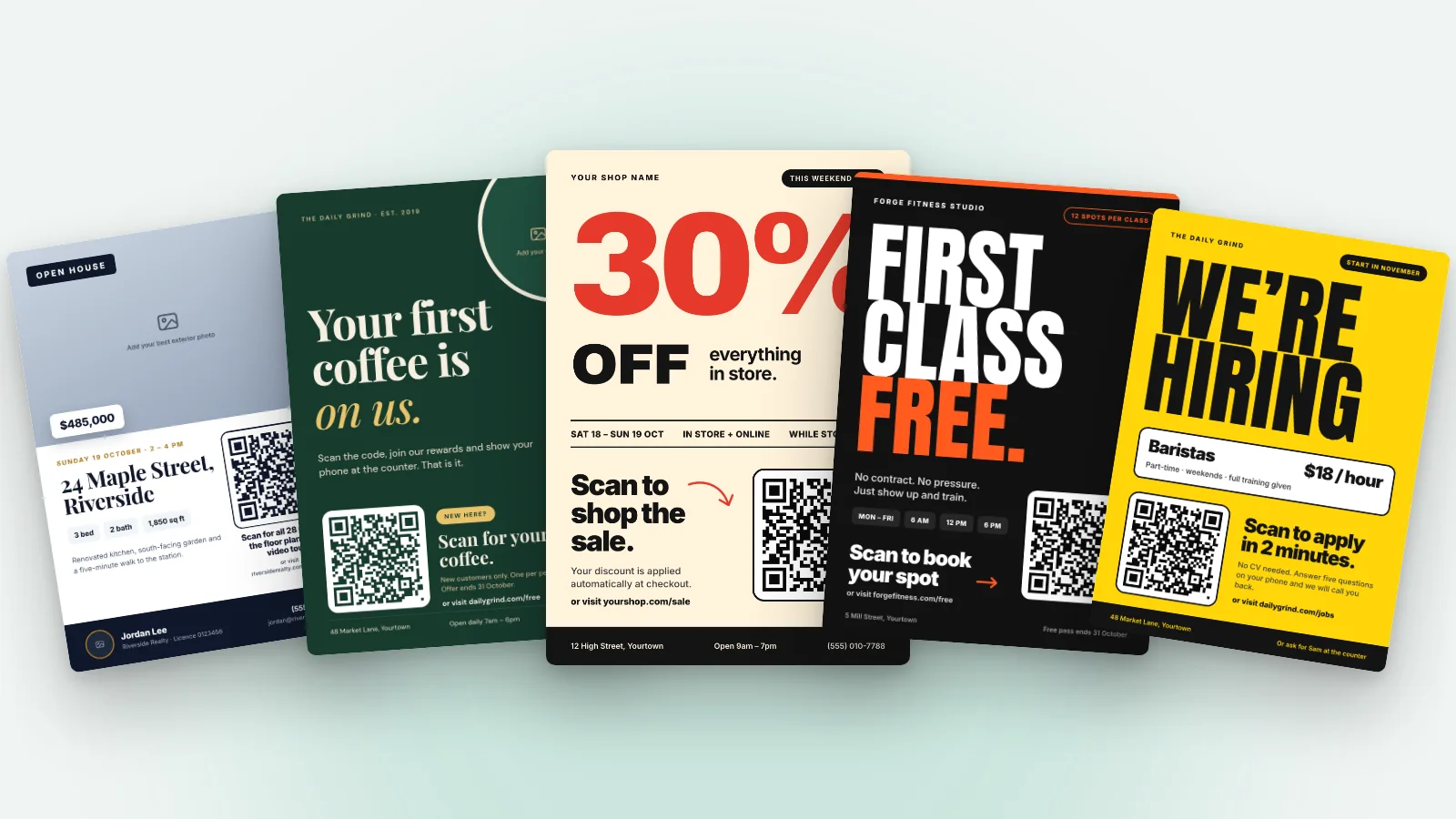Five printed flyer designs fanned out, each with one bold offer and a large QR code: an open house, a cafe offer, a weekend sale, a free fitness class and a hiring notice.