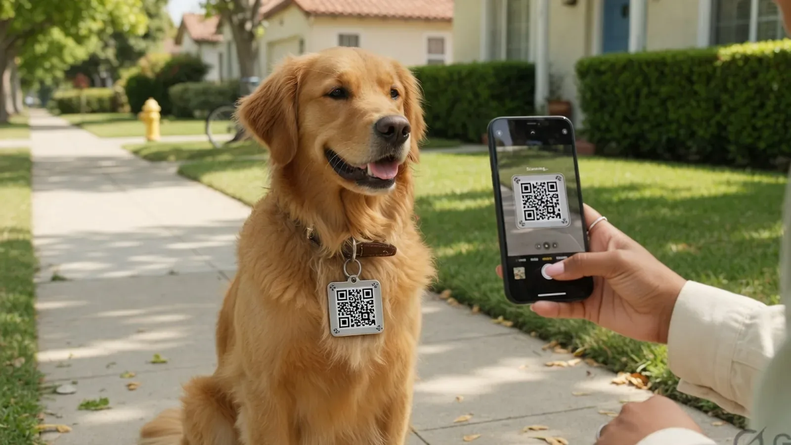 Person scanning a pet ID QR code tag on a dog collar with a smartphone