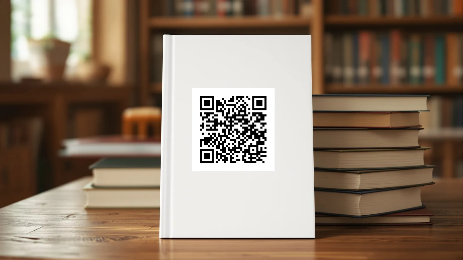 QR codes for books — a book cover carrying a scannable QR code in a library