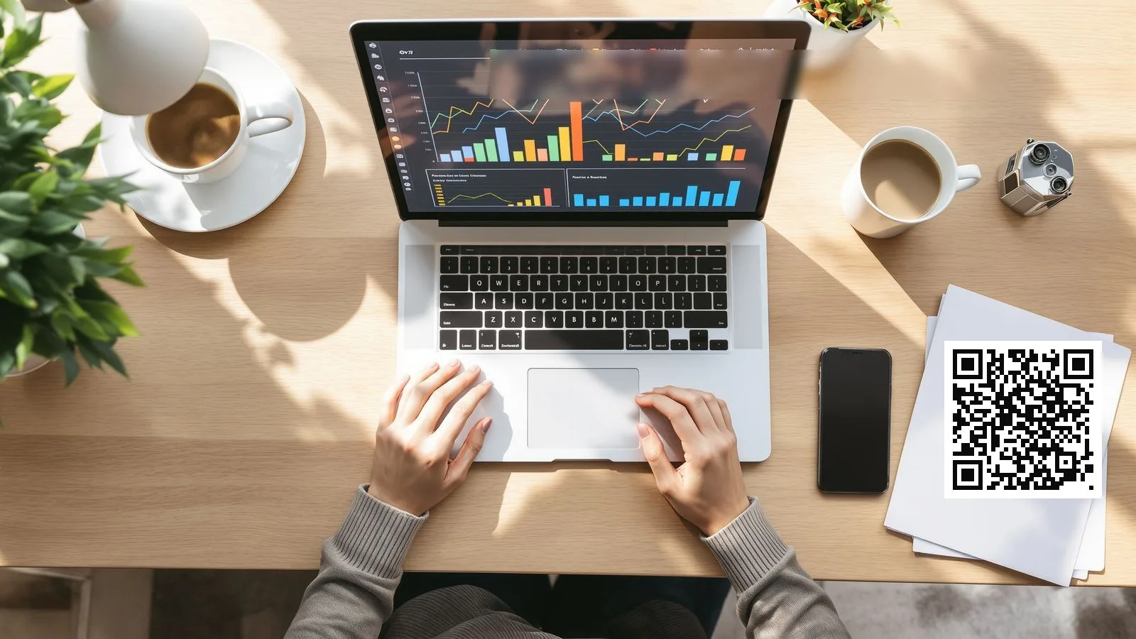 Tracking QR codes in Google Analytics — a laptop showing an analytics dashboard beside a printed QR code