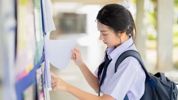A student reading notices pinned to a campus billboard, phone in hand.